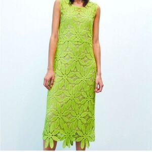 ZARA NWT lime green knit macrame crochet knee midi lined summer dress SIZE M